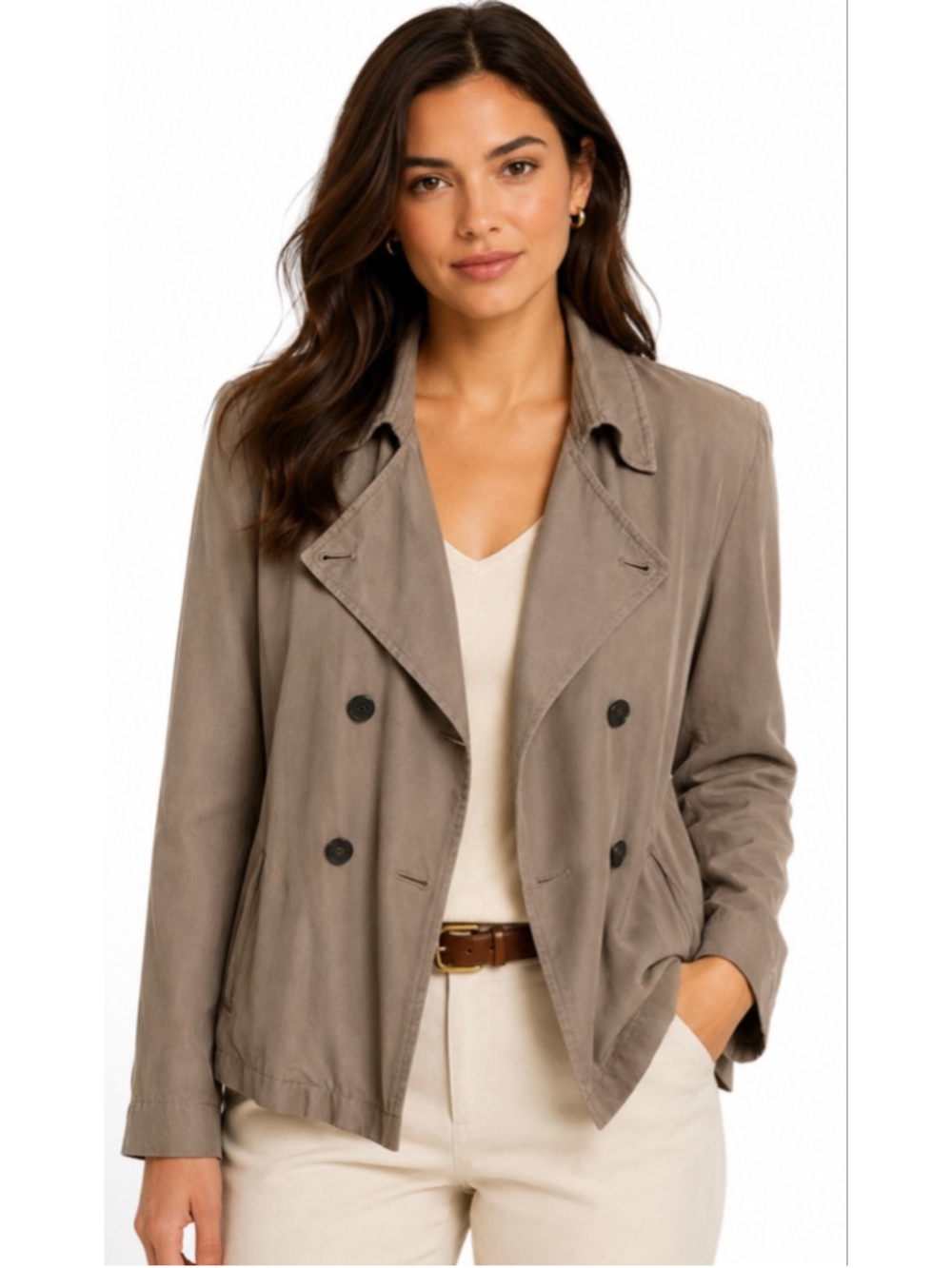 NWT M.M. LaFleur Taupe Silk Cropped Trench Coat M